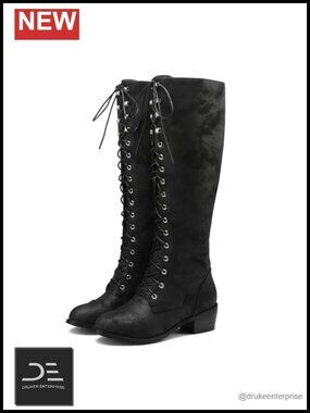 Women's Knee High Combat Boots Lace Up Riding Boot, Low Block Heel, Military